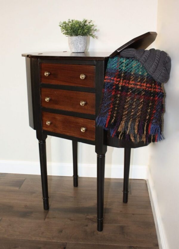 Entry table, black and stain, 3 drawer and 2 compartments