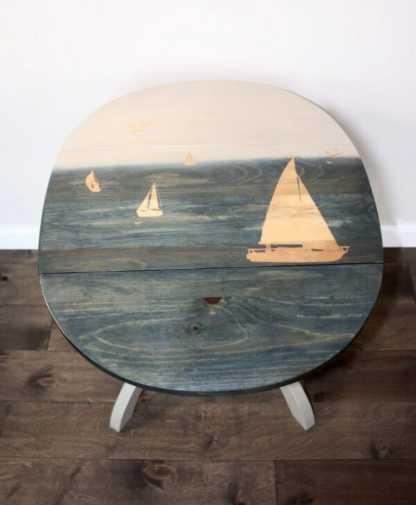 Drop leaf side table, sailboat, blue and taupe