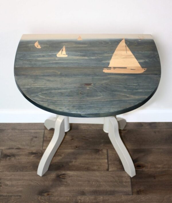 Drop leaf side table, sailboat, blue and taupe