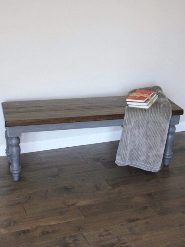 Farm style bench, gray with stain top