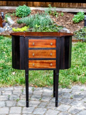 Entry table, black and stain, 3 drawer and 2 compartments