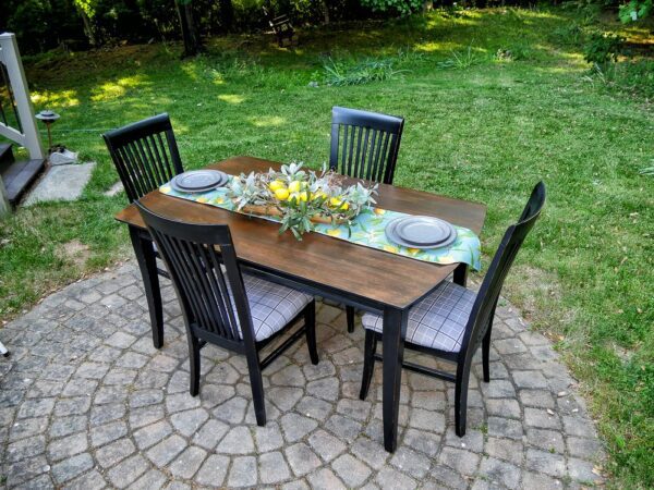 Dining table with 4 chairs, wood and distressed black