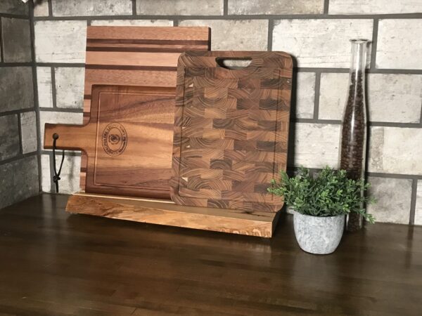 Cutting board care, live edge cutting board stand, cutting board display